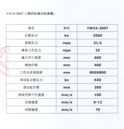 200噸液壓機(jī)技術(shù)參數(shù)