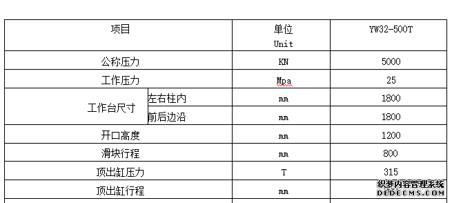 500噸四柱液壓機技術(shù)參數(shù)